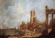 Francesco Guardi Hamnstad with classical ruins Italy oil